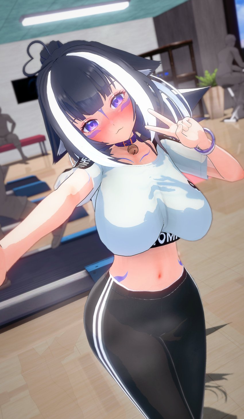 1girls 3d ahoge ass bell_collar big_ass big_breasts black_hair blush body_markings bracelet bracelets breasts collar deluxe_rosie female female_only gym gym_clothes gym_shirt hips indie_virtual_youtuber light-skinned_female light_skin looking_at_viewer midriff multicolored_hair orca_girl orca_tail peace_sign ponytail pose public selfie shirt shylily solo solo_female sweatpants thighs tight_clothing virtual_youtuber white_hair