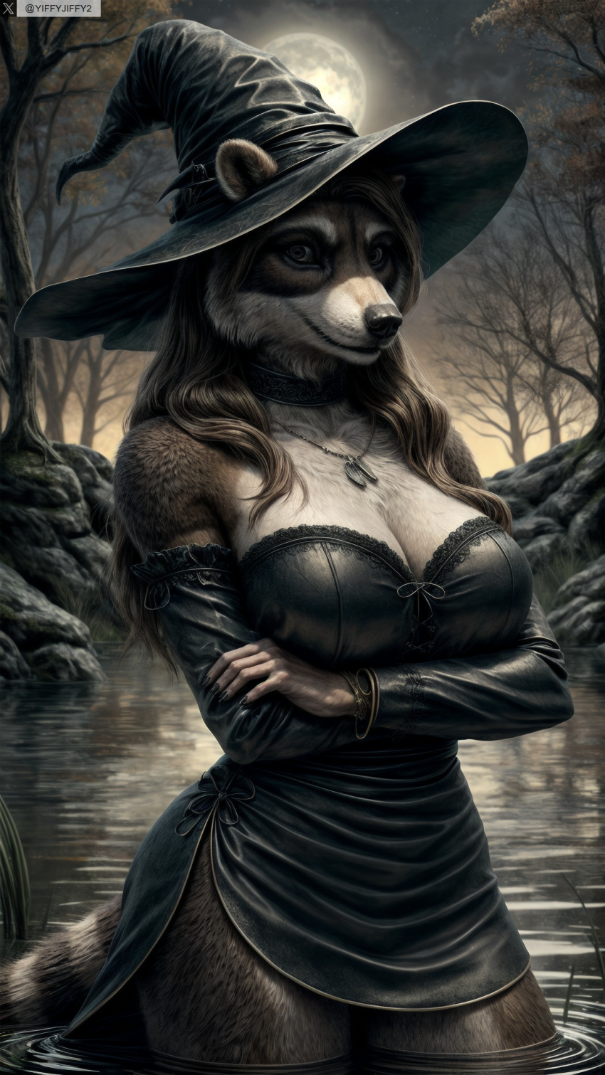 ai_generated animal_ears anthro artist_name black_dress bracelet breasts brown_hair choker cleavage crossed_arms detached_sleeves dress female female_anthro full_moon furry furry_female hat hi_res high_resolution highres jewelry large_breasts long_hair looking_at_viewer moon necklace outdoors photorealistic realistic solo stable_diffusion tail tree twitter twitter_username wading water watermark witch_hat yiffyjiffy2 yiffyjiffy69