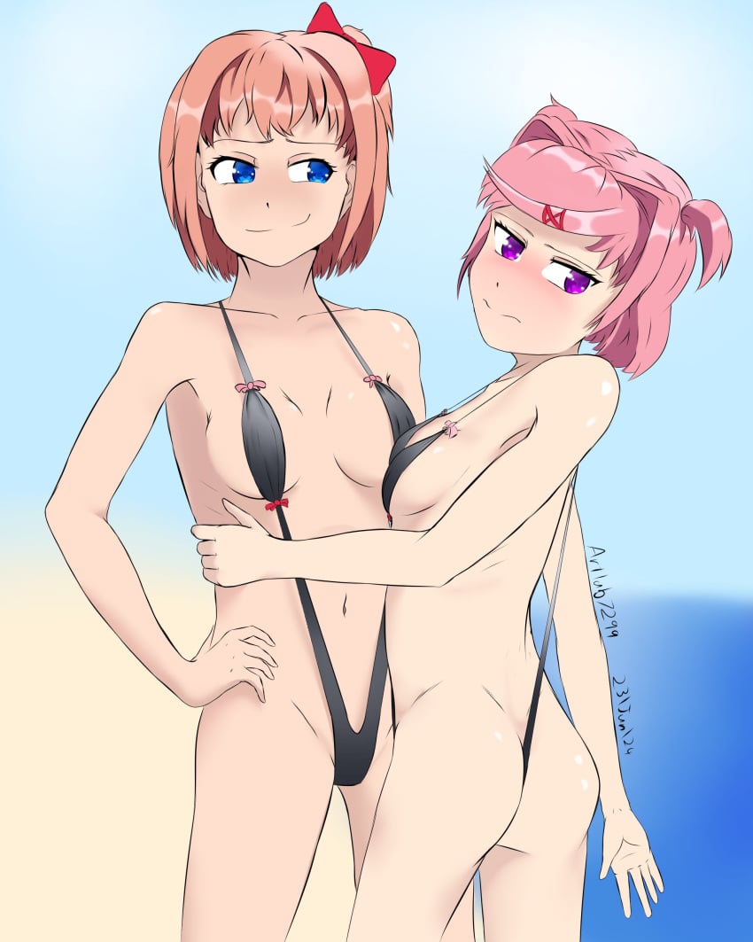 2024 2girls 5_fingers artist_name artlabafterdark blue_eyes breasts butt dated doki_doki_literature_club female female_only human looking_away multiple_girls natsuki_(doki_doki_literature_club) navel pink_eyes pink_hair sayori_(doki_doki_literature_club) sideboob strawberry_blonde_hair twitter_username