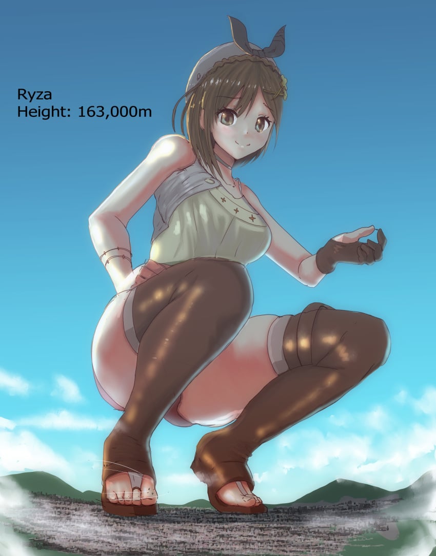 1girls atelier atelier_(series) atelier_ryza bending_down brown_hair brown_hair_female city clothed clothed_female female female_focus female_only giant_woman giantess giga_giantess iodain kneeling_down light-skinned_female light_skin short_hair single_glove solo solo_female solo_focus thick_thighs thighs video_game_character