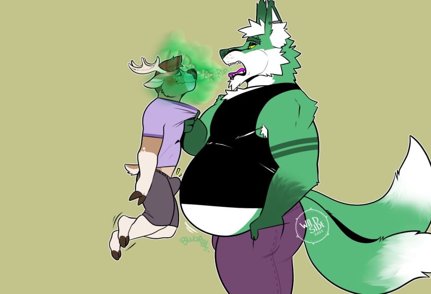 2023 anthro belly big_belly blush bulge burp_cloud burping_in_face canid canine clothing deer duo erection fox hand_in_pocket hi_res ken_tsung_(wildside) male male/male mammal open_mouth pockets shirt shirt_grab tank_top topwear wildside