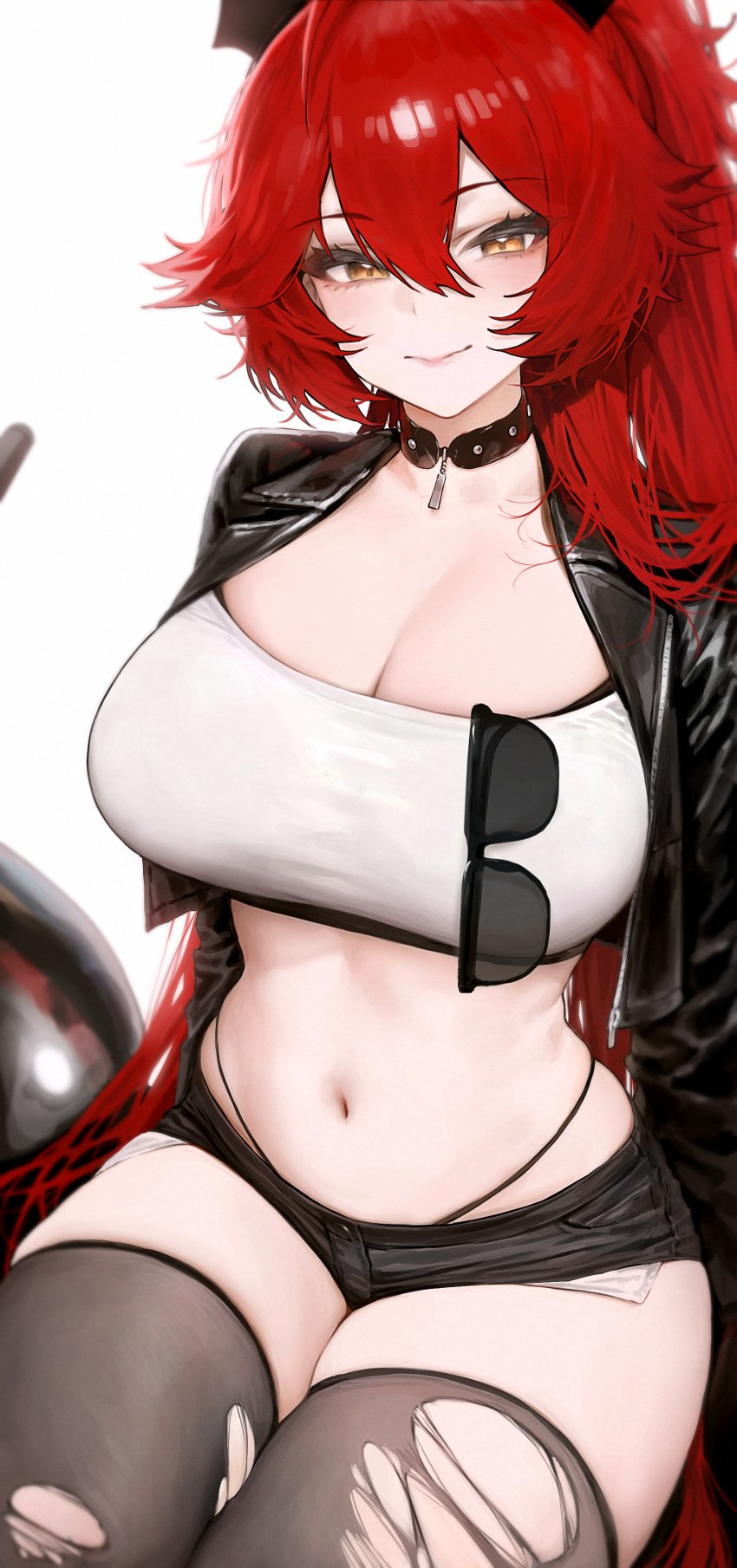 1girls breasts cleavage crop_top female goddess_of_victory:_nikke hi_res huge_breasts light-skinned_female light_skin long_hair looking_at_viewer midriff mochirong navel red_eyes red_hair red_hood_(nikke) short_shorts shorts solo solo_female tank_top thick_thighs thighhighs torn_thighhighs