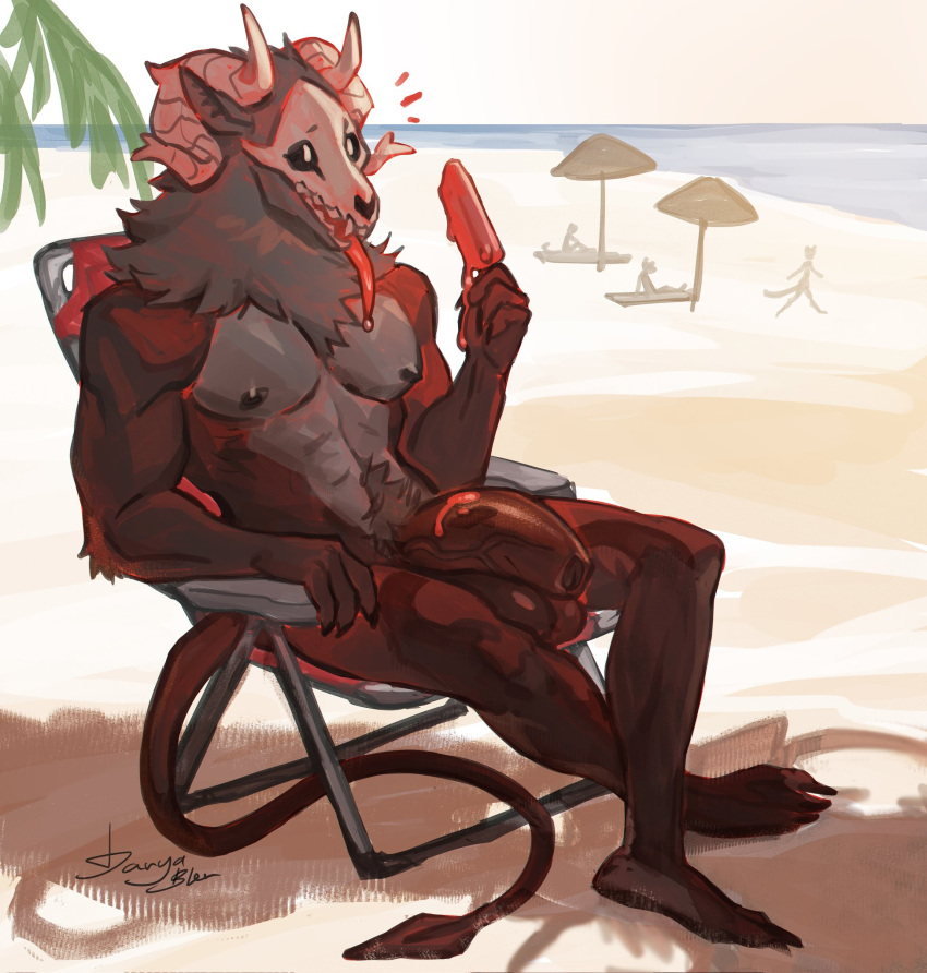 anthro balls beach bone claws daryabler demon demon_humanoid digital_drawing_(artwork) digital_media_(artwork) food foreskin fur genitals glans hi_res horn humanoid humanoid_genitalia humanoid_penis male melting muscular muscular_male nipples penis popsicle rodrick_(daryabler) shadow sitting skull skull_head solo spade_tail tail tongue tongue_out