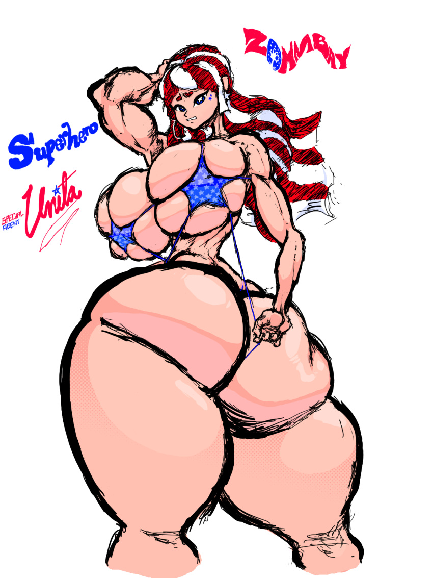 1girls american american_flag american_flag_bikini ass ass_bigger_than_head ass_focus big_ass big_breasts bikini blue_eyes breasts breasts_bigger_than_head color colored hourglass_figure huge_ass huge_breasts looking_at_viewer looking_back massive_ass muscular muscular_female one_piece_swimsuit red_hair shiny_skin striped_hair tagme white_background white_hair zommbay