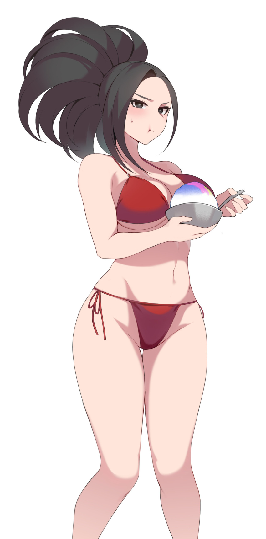 bikini black_eyes black_hair boku_no_hero_academia eating female_focus female_only ko_koyap looking_at_viewer momo_yaoyorozu my_hero_academia only_female ponytail pout pouting red_bikini shaved_ice solo solo_female white_background yaoyorozu_momo