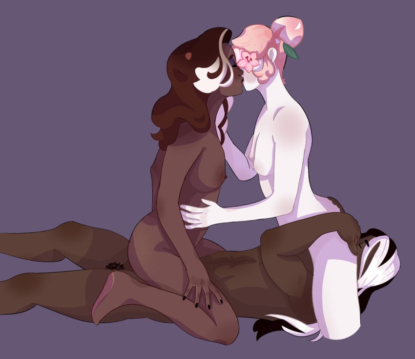 affogato_cookie cookie_run cuntboy cuntboy/male cuntboy_penetrated dark_cacao_cookie dark_hair facesitting femboy flat_colors gay kissing long_hair male nipples peach_blossom_cookie pink_hair riding riding_penis threesome yaoi