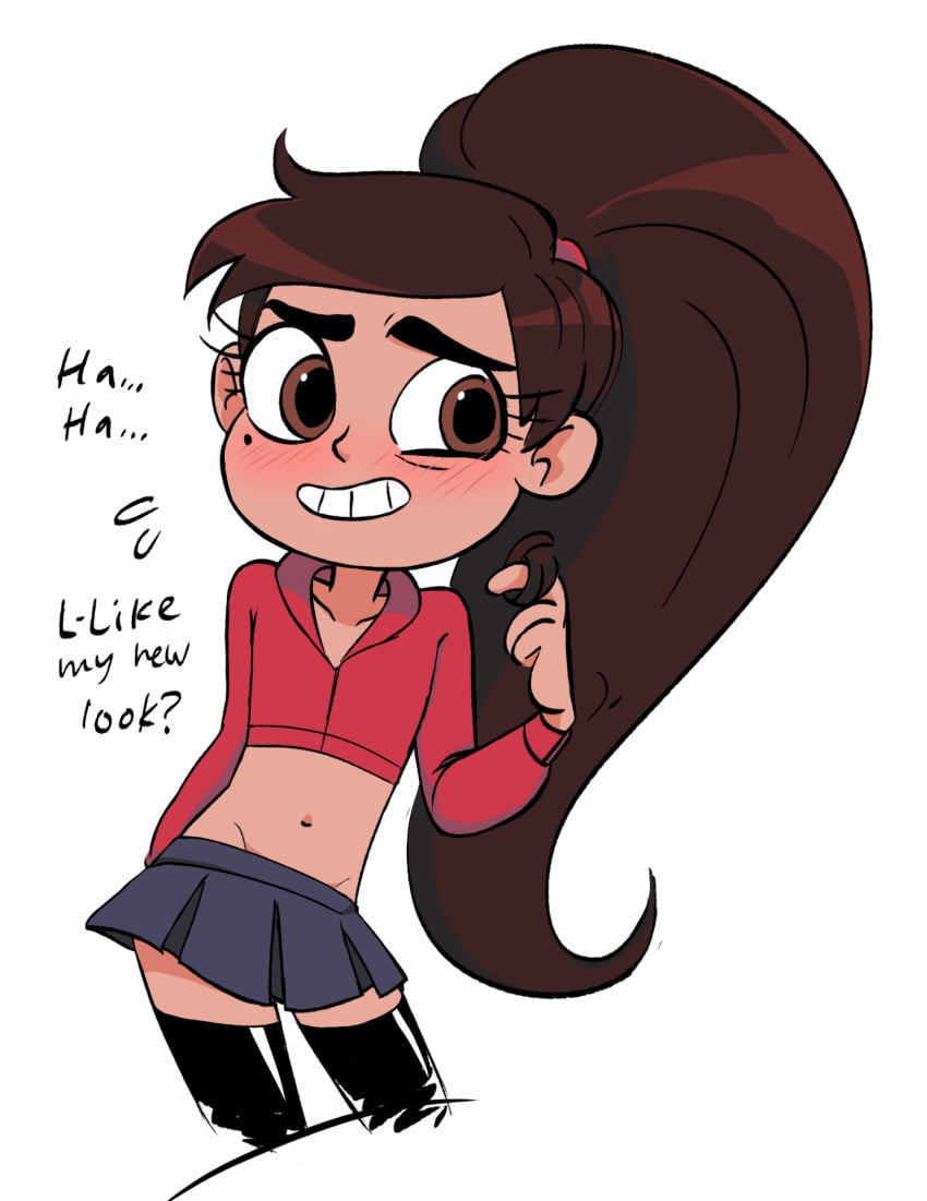 blush brown_eyes brown_hair brown_skin brunette c2ndy2c1d_(artist) cropped_jacket crossdressing disney disney_channel femboy feminine_male front_view high_thighs marco_diaz no_sex pleated_skirt ponytail princess_marco skirt smile smiling star_vs_the_forces_of_evil sweater thighhighs