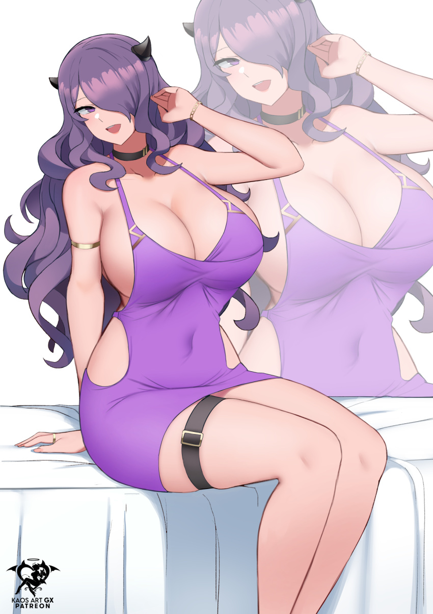 1girls alternate_costume bare_shoulders breasts camilla_(fire_emblem) cleavage dress female female_only fire_emblem fire_emblem_fates hair_over_one_eye highres kaos_art large_breasts long_hair looking_at_viewer nintendo open_mouth purple_dress purple_eyes purple_hair smile solo thigh_strap tiara very_long_hair wavy_hair