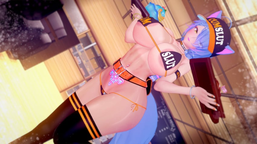1girls 3d areola_slip areolae armband ass baseball_cap belt big_ass big_breasts bikini blue_hair bracelet bracelets braided_hair breasts cat_ears cat_tail catgirl collar deluxe_rosie eyes_visible_through_hair female female_only hat hips hourglass_figure indie_virtual_youtuber indoors large_breasts multicolored_hair nipple_bulge orange_nails pierced_belly_button piercing pubic_tattoo public restaurant revealing_clothes rosie_(vtuber) slutty_outfit solo solo_female string_bikini tan-skinned_female tan_body tan_skin tattoo thick_thighs thighhighs thighs virtual_youtuber waitress