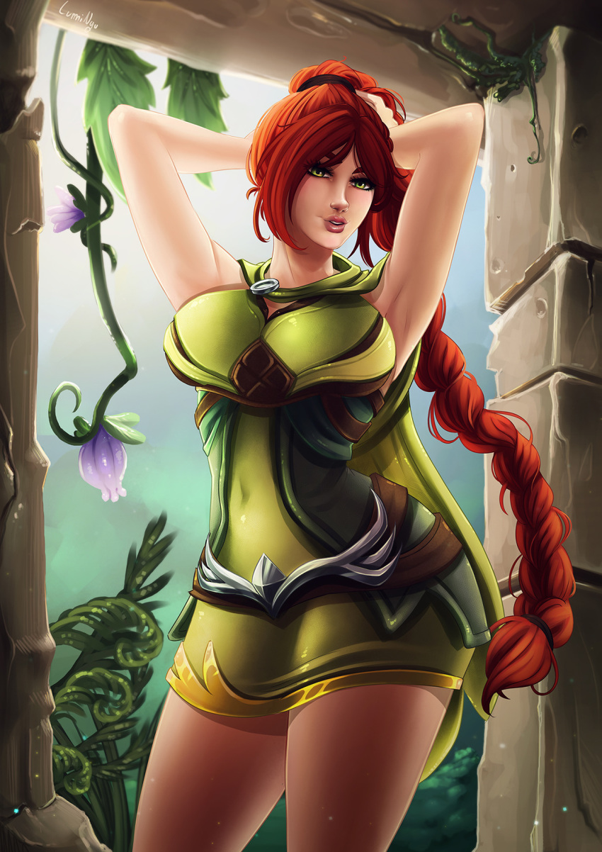 1girls 2018 armpits arms_behind_back arms_up background big_ass big_breasts big_butt braid braided_hair breasts cassie_(paladins) clothed eyelashes eyes eyeshadow eyewear female female_only green_eyes hair highres large_breasts lips lipstick long_hair looking_at_viewer luminyu makeup paladins patreon patreon_reward patreon_username pink_lipstick pose posing red_hair redhead shiny_skin solo solo_focus thick_thighs thighs