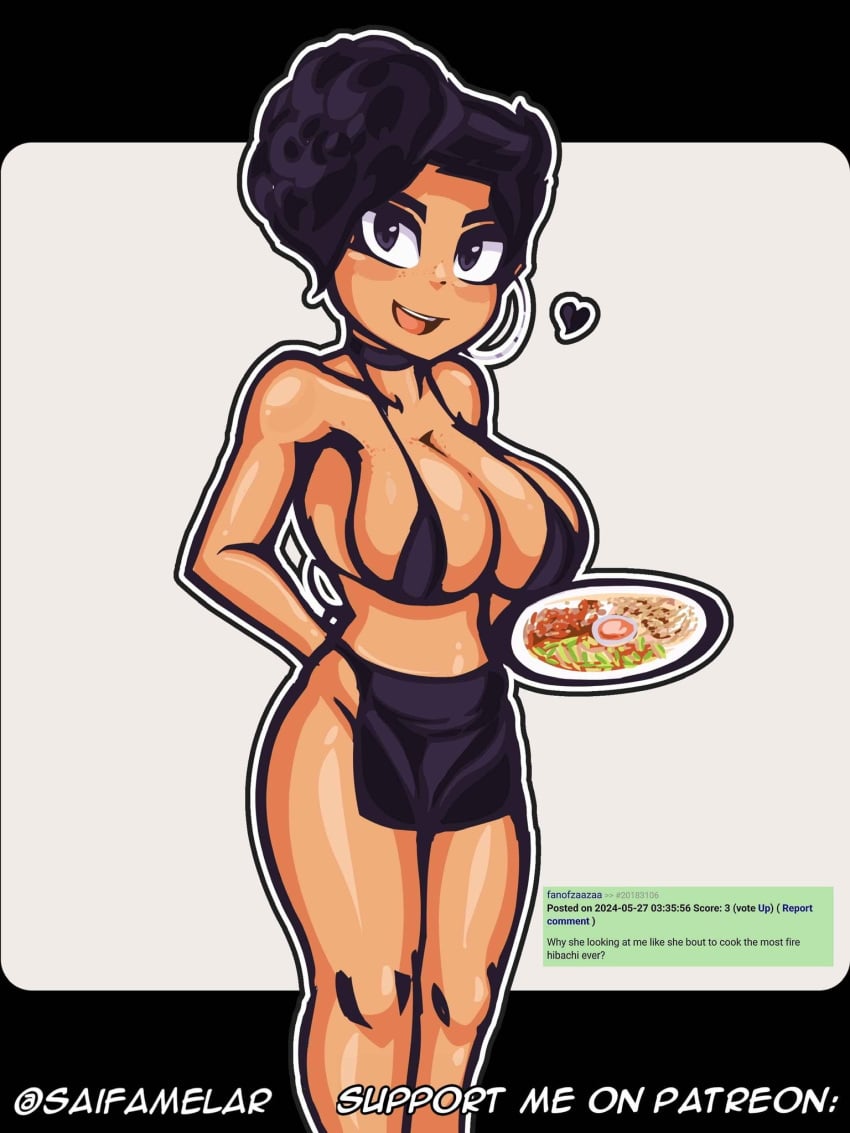 apron big_breasts black_apron black_bra black_hair bra dark-skinned_female dark_skin earring food grey_eyes happy heart hibachi layla_(saifamelar) oc original_character plate rule_34_comment saifamelar tagme