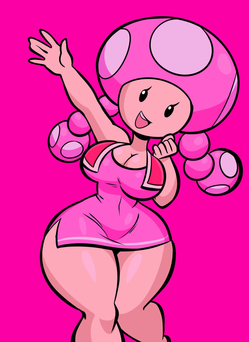 1girl 1girls big_breasts breasts cute female female_only jek_korpen mario_(series) mob_face mushroom_girl mushroom_humanoid nintendo pigtails pink_background shiny_thighs tagme thick_thighs thighs toadette voluptuous voluptuous_female wide_hips without_pants