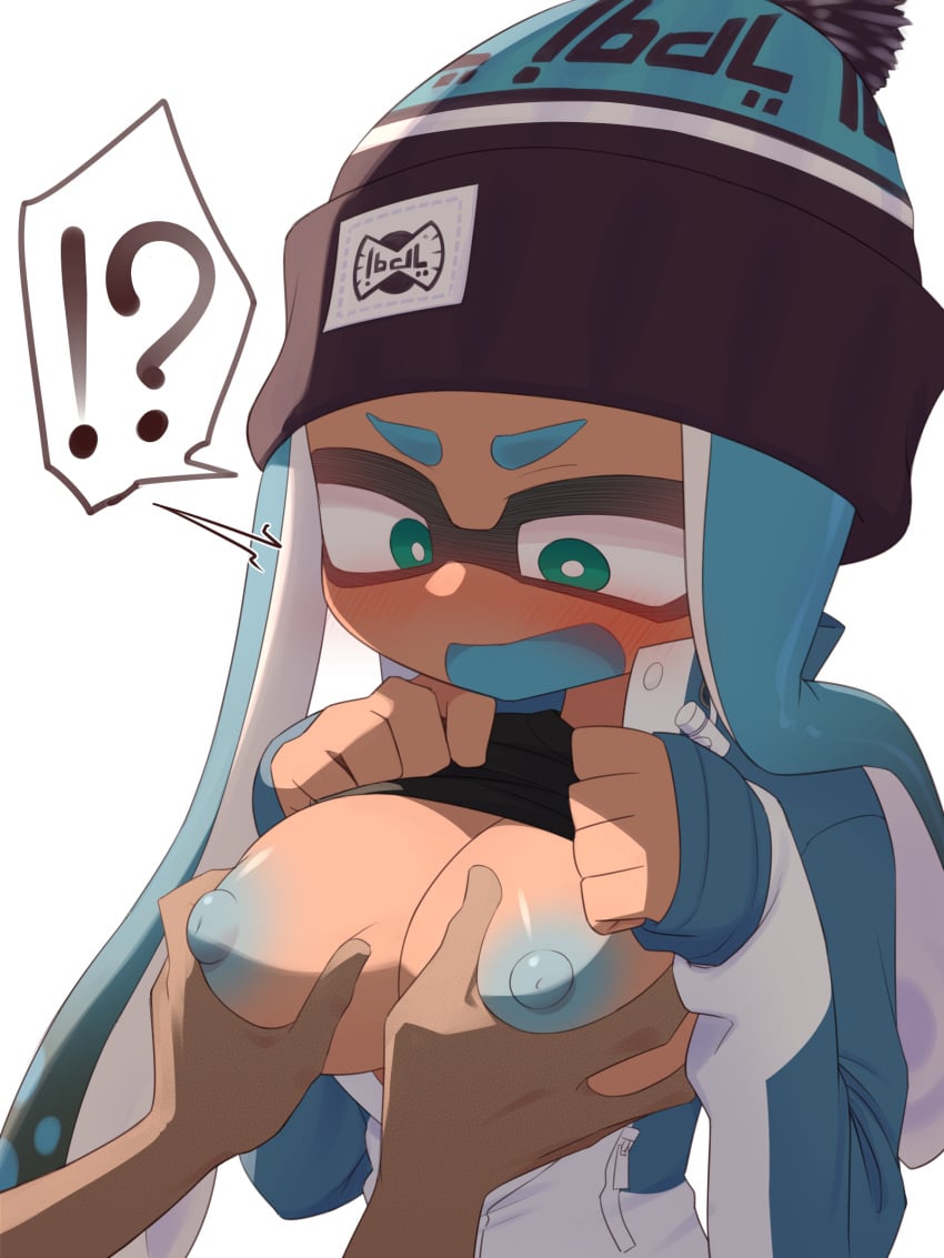 !? 1boy1girl black_shirt blue_hair blue_nipples bobblehat coat dark-skinned_female green green_eyes groping half-closed_eyes inkling inkling_girl large_breasts lifting_shirt nipples open_coat open_mouth organ_rn shocked speech_bubble splatoon squeezing_breasts