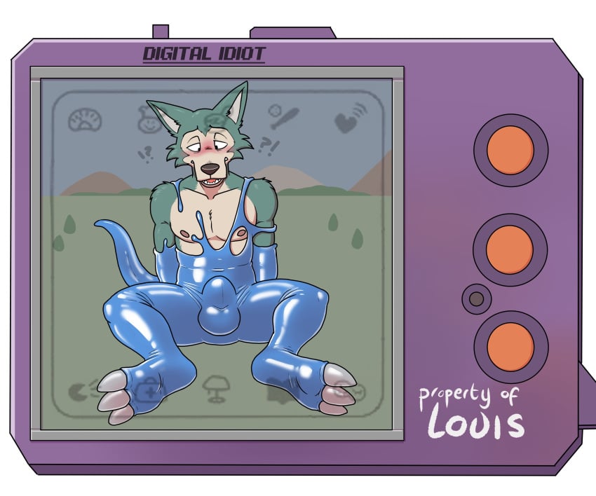 2024 3_toes 6:5 absurd_res anthro beastars biped black_nose blue_balls blue_body blue_latex blush bulge canid canine canis claws digital_drawing_(artwork) digital_media_(artwork) english_text exclamation_point feet fur grass hi_res latex latex_transformation legoshi_(beastars) liquid_latex male mammal multicolored_body multicolored_fur nipples nude outside plant question_mark sitting solo species_transformation text toe_claws toes toony transformation wolf