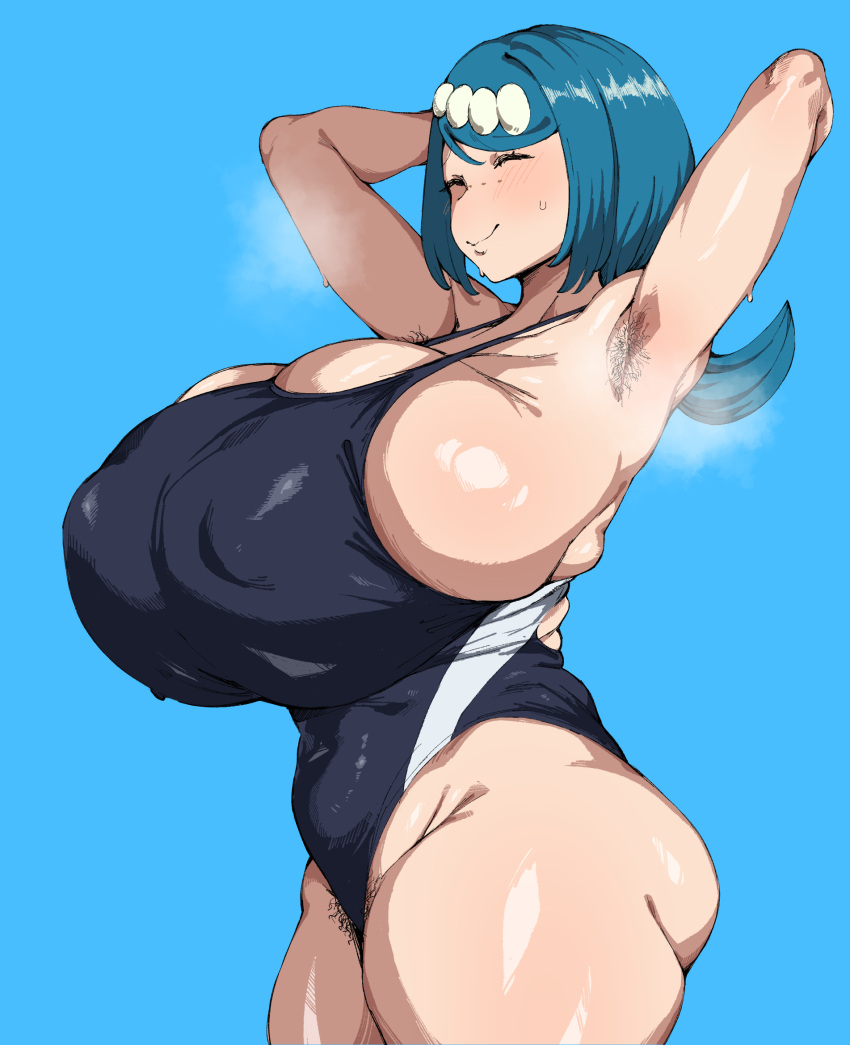 1girls alternate_breast_size armpit_hair armpits ass big_ass big_breasts blue_hair blush breasts breasts_bigger_than_head closed_eyes dutchlomo female freckles hair_ornament huge_breasts lana's_mother_(pokemon) mature_female milf nintendo pokemon pokemon_sm pubic_hair swimsuit tied_hair