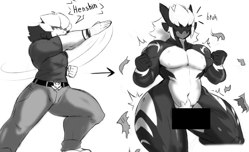 big_thighs censor_bar cepsil0n curvy curvy_body curvy_hips curvy_male curvy_thighs epsilon_(cepsil0n) femboy growing_out_of_clothes henshin huge_thighs male monochrome muscular no_humans non-human non-human_only sedictus_(cepsil0n) slightly_chubby slightly_chubby_male tearing_clothes thick_thighs thighs_expansion transformation voluptuous voluptuous_male wardrobe_malfunction wide_hips