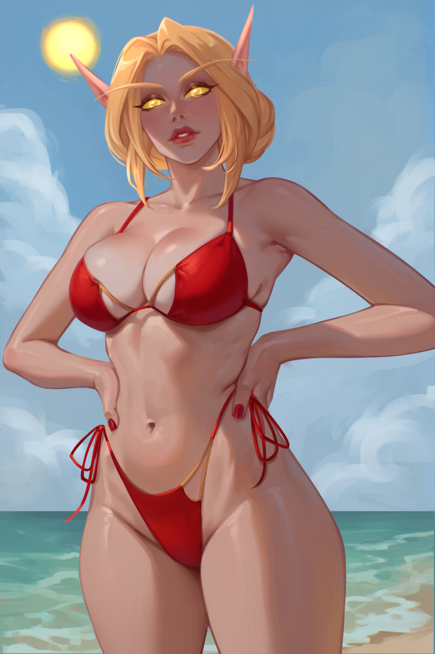 1girls beach big_breasts bikini blonde_hair blood_elf breasts busty curvy curvy_body curvy_female curvy_figure curvy_hips curvy_thighs elf female female_only hips l0o_art looking_at_viewer outdoors outside pale-skinned_female pale_skin pinup pose posing sand solo swimsuit thick_thighs thighs warcraft water wide_hips world_of_warcraft wow yellow_eyes