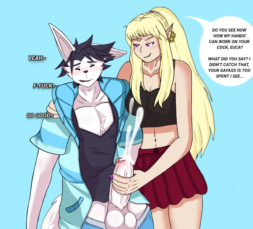 1boy 1girls anthro arctic_fox balls big_balls black_bra black_crop_top black_hair black_nose black_tank_top black_topwear blonde_hair blue_background blue_jacket blue_underwear blush button_down_shirt climax closed_eyes cock cock_milking covered_breasts cum cumshot_in_mouth dick dominant_female elf elf_ears elf_female elf_girl erect_penis erection euca_(repeat) exposed_penis eyelashes fanart female/male fluffy_tail fox furrowed_brow furrowed_eyebrows furry gay_with_woman golden_earrings hand_on_penis handjob hard_cock human_to_anthro leaning light_skin long_ears long_hair long_tail magenta_eyes male/female male_focus messy_hair milking_penis oc orgasm penis penis_grab penis_milking pink_tip ponytail purple_eyes purple_nails red_skirt repeat_(visual_novel) same_size shoulder_grab smile smirk smooth_balls smooth_skin straight submissive_male text text_bubble white_balls white_fur white_penis zoophilia