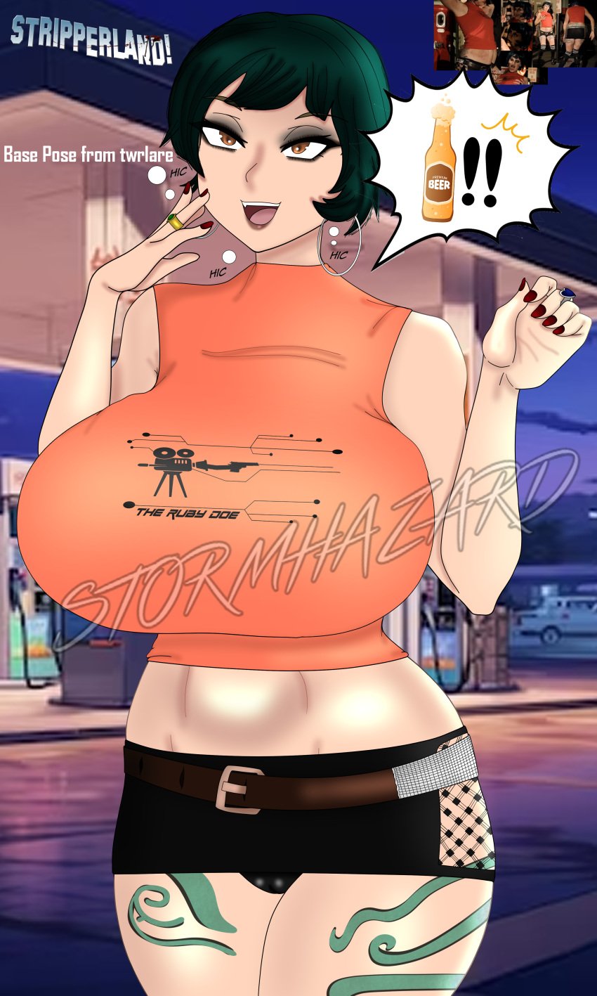 !! accessory beer crop_top earrings eyelashes eyeshadow green_hair hazel_eyes huge_breasts lipstick microskirt miniskirt nail_polish orange_clothing painted_nails pencil_skirt photo_(medium) prostitute prostitution real_person reference_image ring sleeveless sleeveless_shirt speech_bubble stormhazard stripper stripperland tattoo top_heavy watermark