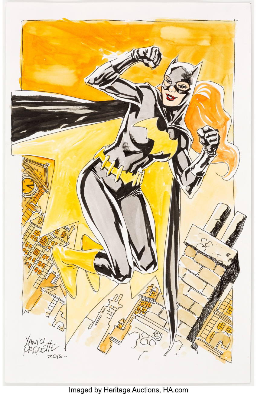 1girls anatomically_correct artist_signature barbara_gordon batgirl batman_(series) belt black_and_yellow_clothing black_bodysuit building building_background buildings cape dc dc_comics fit fit_female flexing flexing_arms flexing_bicep full_body fully_clothed happy heroine in_the_woods jumping light-skinned_female long_hair looking_aside mask no_nude no_sex non_nude orange_hair red_lipstick seductive_smile signature smile superheroine yanick_paquette yellow_background