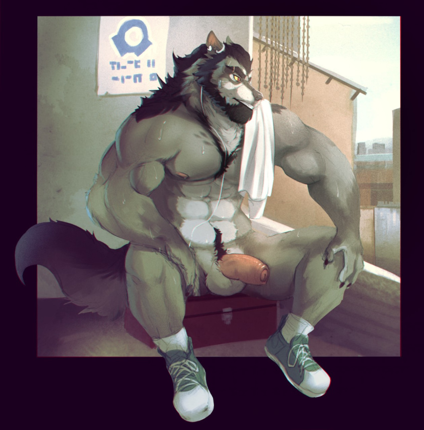 abs athletic balls canine claws clothing ear_piercing footwear half-erect korichi legwear looking_away male male_only mammal muscular muscular_male nude penis piercing shoes sitting socks solo sweat thick_penis towel uncut vetrowolf wolf