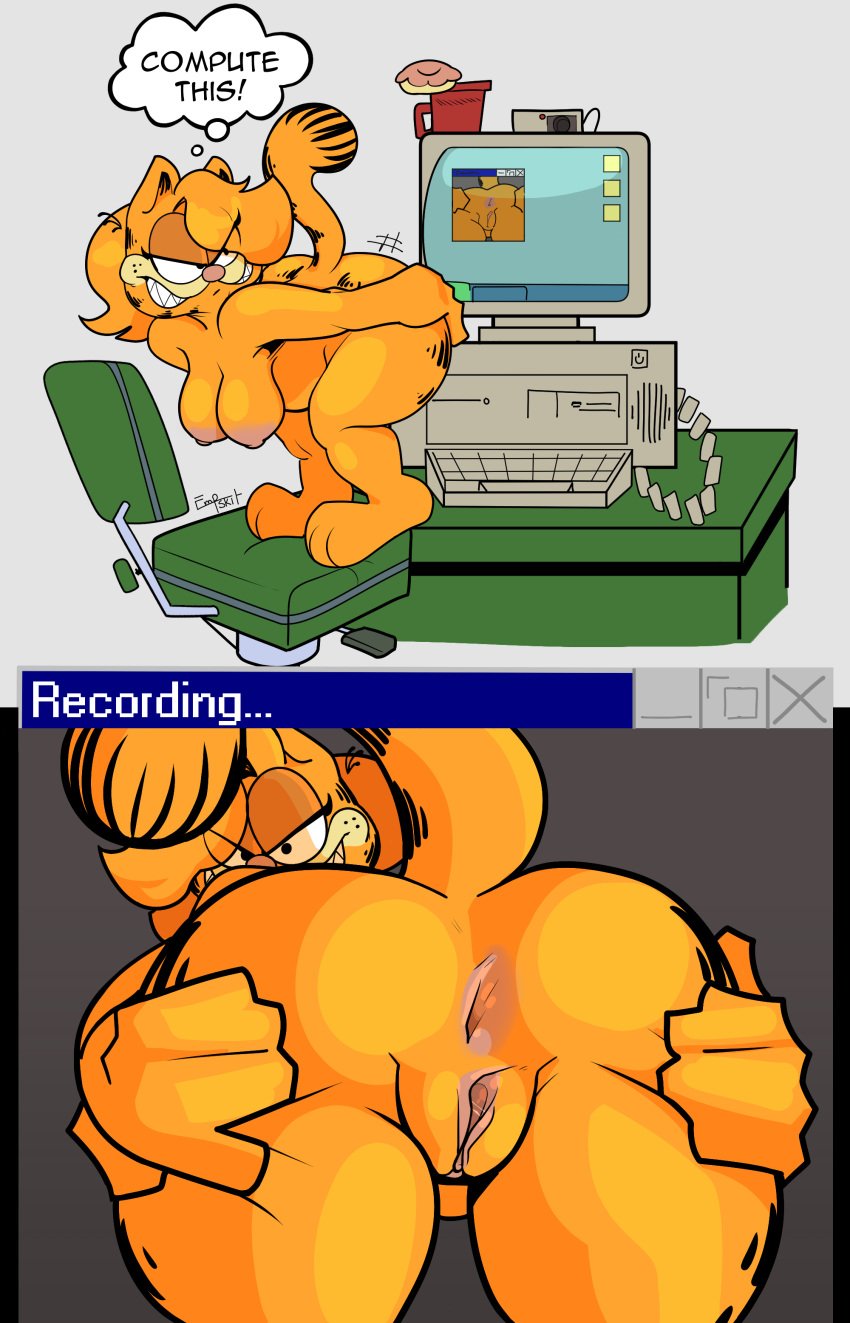 absurd_res ass big_breasts breasts computer electronics empskit exhibitionism female flashing garfield_(series) garfield_the_cat genitals hanging_breasts hi_res huge_breasts paramount_pictures paws,_inc. presenting pussy rule_63 spread_butt spreading