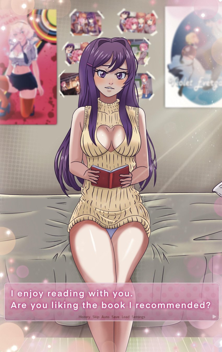 1female 1girls akarias.art.studio akarias.art.studio blush blush_lines blushing book breasts cleavage cleavage_cutout ddlc_text_box doki_doki_literature_club female_focus heart_cutout long_hair matching_hair/eyes matching_hair_and_eye_color matching_hair_and_eyes panties panty_peek purple_eyes purple_hair shiny shiny_skin shiny_thighs solo_focus sweater thighs yuri_(doki_doki_literature_club)