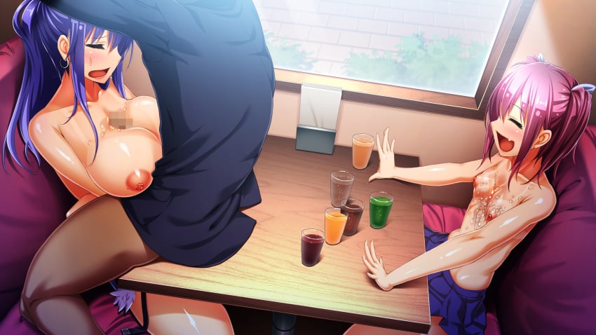 2girls areolae bare_legs blue_hair blue_skirt blush breasts censored closed_eyes crossed_arms cum cum_on_breasts cum_on_upper_body drink earrings game_cg happy highres izumi_kirika juice kagurazaka_ichigo kanzen_jikan_teishi large_breasts legs long_hair long_sleeves mosaic_censoring multiple_girls nipples no_bra open_mouth paizuri penis pink_hair ponytail sitting skirt small_breasts smile table tan tanline thighs tied_hair time_stop topless twintails uo_denim window