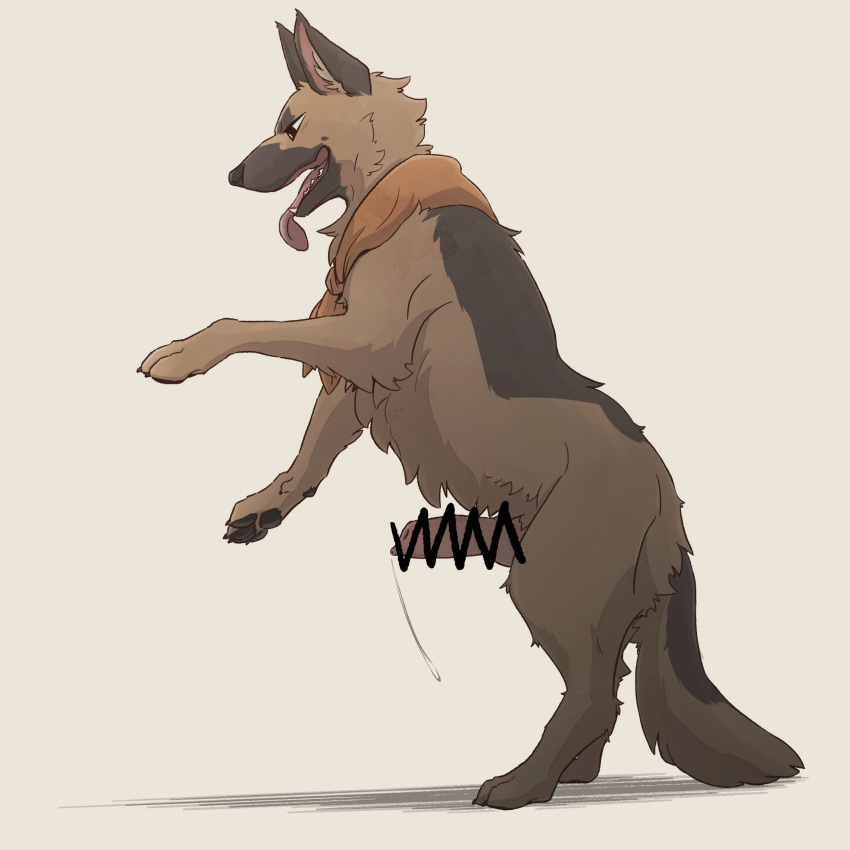 anatomically_correct anatomically_correct_genitalia animal_genitalia animal_penis black_pawpads bodily_fluids brown_body brown_fur canid canine canine_genitalia canine_penis canis censored claws dewclaw digitigrade domestic_dog erection feral fur genital_fluids genitals german_shepherd herding_dog hi_res hot_dog_wolf ineffective_censorship inner_ear_fluff kerchief knot knotted_penis male mammal neckerchief on_hind_legs open_mouth orange_kerchief orange_neckerchief pastoral_dog pawpads paws penis precum precum_string quadruped shadow side_view simple_background solo tail teeth tongue tongue_out tuft white_background