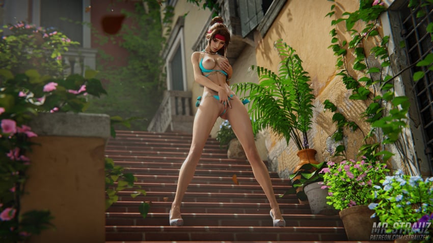 3d bandana bikini bikini_bottom bikini_top brown_hair detailed_background female female_focus female_only final_fantasy final_fantasy_vii final_fantasy_vii_remake jessie_rasberry model_pose modeling partially_nude_female posing posing_for_picture posing_for_the_viewer solo solo_female strauzek tied_hair