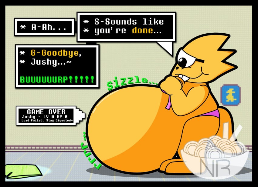 _nomminramen alphys belly belly_overhang panties post-vore questionable_consent soft_vore text undernom undertale unknown_prey vore vore_belly