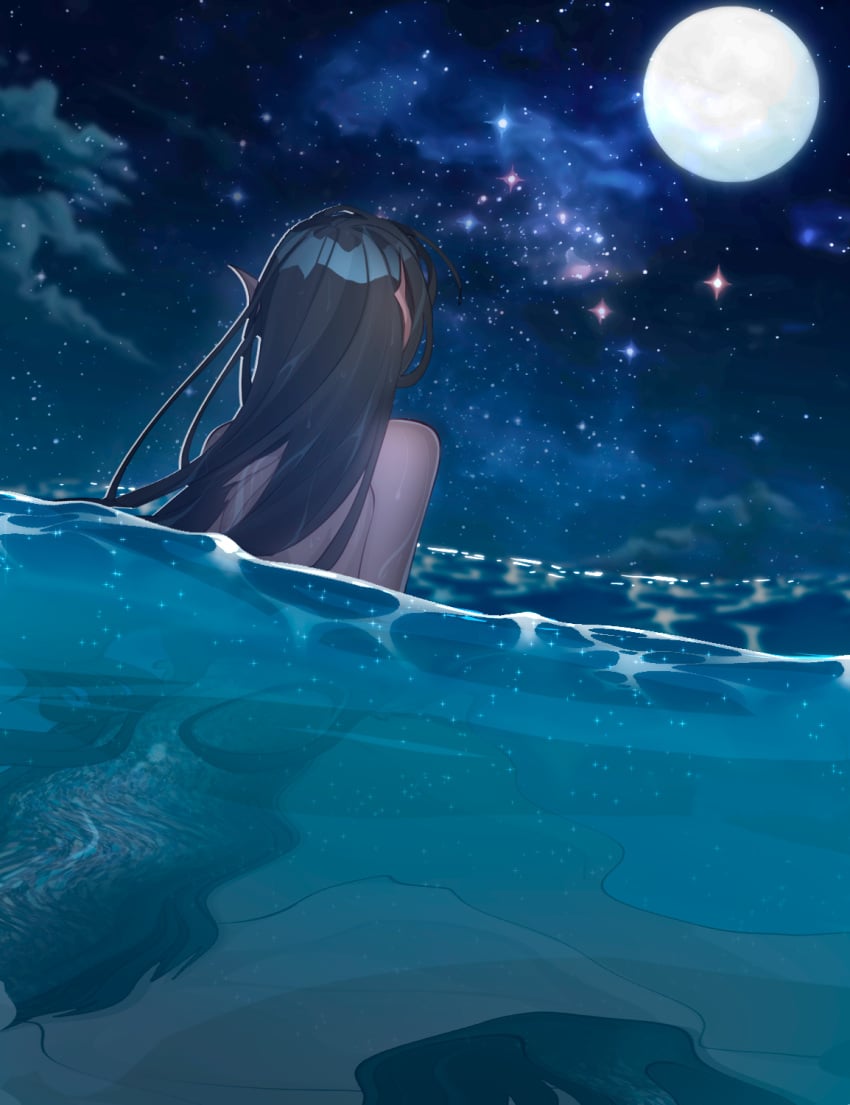 1girls black_hair cloud cogamori colored dark_skin female long_hair merfolk mermaid moon original partially_submerged siren_(cogamori) sky solo stars tail viewed_from_behind water