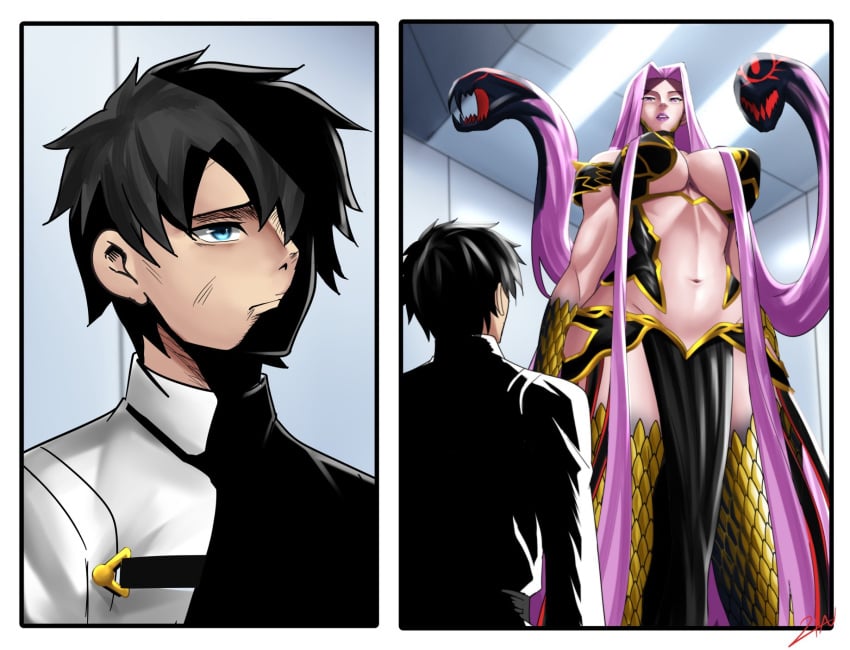 1boy1girl below_view big_breasts bigger_female black_hair fate/grand_order fate_(series) fujimaru_ritsuka_(male) gorgon_(fate) large_thighs light-skinned_female long_hair looking_down looking_up milf monster_girl purple_hair revealing revealing_clothes seductive size_difference snake_girl snake_hair taller_girl thick_thighs very_long_hair zinfian