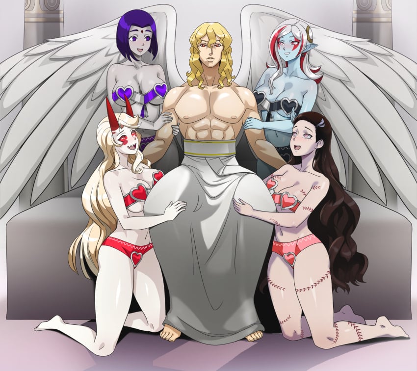 1boy 4girls abs aged_up androgynous androgynous_dom andromalius angel big_breasts blonde_hair blue_skin breasts brown_hair charlie_morningstar_(hazbin_hotel) crossover dc dc_comics demon demon_girl demon_slayer dragon_ball dragon_ball_xenoverse eastern_and_western_character feet female femsub grey_skin happy_trance harem harem_outfit hazbin_hotel heart heart_eyes horns kamado_nezuko kimetsu_no_yaiba large_breasts long_hair male maledom midriff multicolored_hair multiple_girls multiple_subs nezuko_kamado pink_eyes purple_eyes purple_hair raven_(dc) red_eyes red_hair shinzu031 short_hair smile solium_infernum story straight teen_titans towa white_hair wings