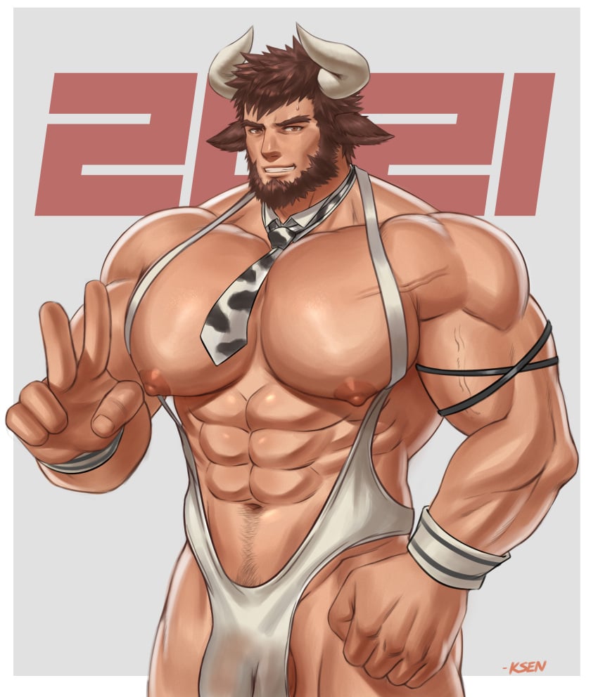 1boy abs balls balls_under_clothes bara beard biceps big_balls big_bulge big_penis bulge k_sen212 male male_nipples male_only manly mature_male muscular_male nipples pecs penis penis_under_clothes