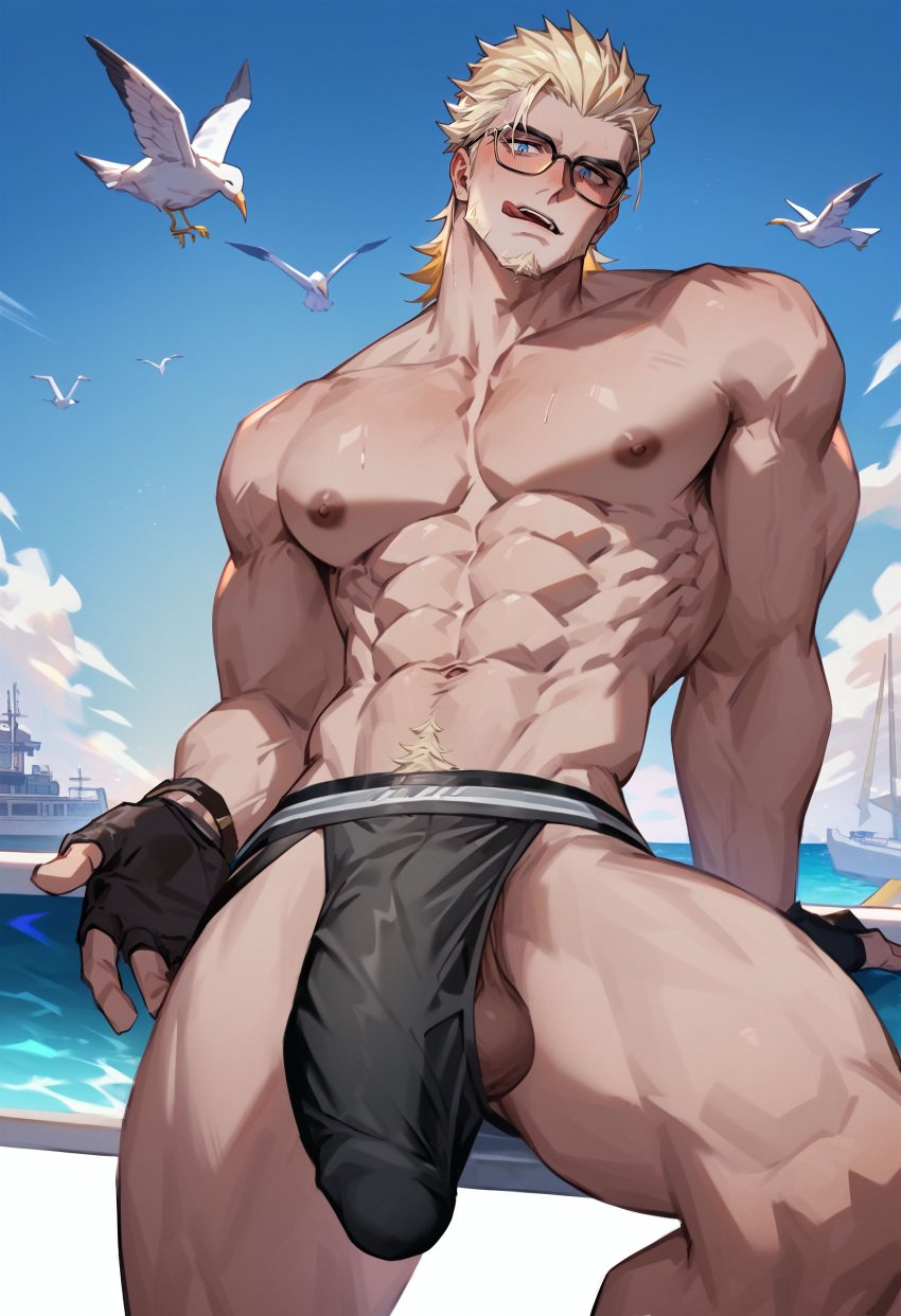 1boy abs ai_generated big_bulge big_penis blonde_hair blue_sky bulge facial_hair fingerless_gloves glasses gloves inviting jockstrap johnny_(guilty_gear) leaning_back licking_lips looking_at_viewer looking_down looking_down_at_viewer low-angle_view male male_only muscular nipples outside pecs penis pov pov_eye_contact pubic_hair seductive solo solo_male standing standing_over_viewer tongue treasure_trail underwear wankyc