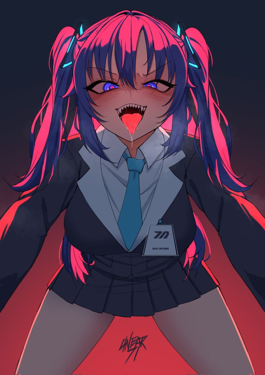 artist_name blue_archive blue_necktie collared_shirt commentary corrupted_twitter_file english_commentary female halo heart heart-shaped_pupils highres id_card linear_71 looking_at_another looking_at_viewer looking_down mechanical_halo necktie open_mouth pleated_skirt pov purple_hair saliva saliva_trail_between_teeth sharp_teeth shirt simple_background skirt suit symbol-shaped_pupils teeth tongue tongue_out two_side_up white_shirt you_gonna_get_raped yuuka_(blue_archive)