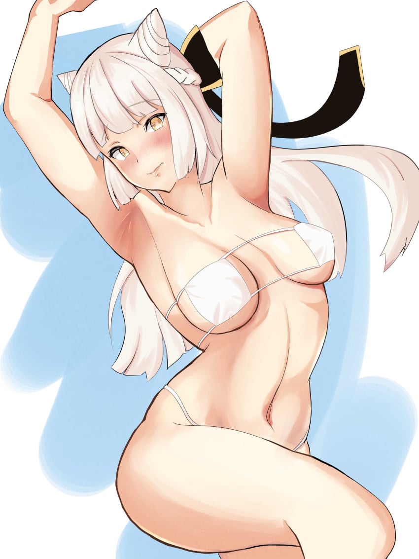 absurdres alternate_costume animal_ears arm_behind_head bikini blush boots breasts chaos_puss_in_boots_(grimms_notes) eyepatch_bikini female gloves grimms_notes highres long_hair navel outstretched_arm sigusigus55 solo swimsuit white_hair yellow_eyes