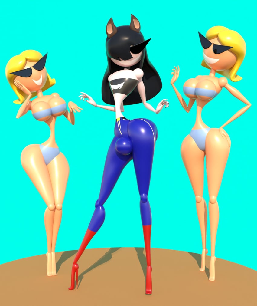 1boy 2girls 3d animal_ears ass big_ass big_breasts black_hair blender blonde_hair blue_jeans boots breasts crop_top doll doll_joints femboy gluttondemon high_heel_boots high_heels huge_ass huge_breasts huge_bulge knick_knack light_blue_background light_blue_bikini long_hair narrow_waist plastic short_hair smile sunglasses sunny_miami thighs thin_waist tiptoes transformation