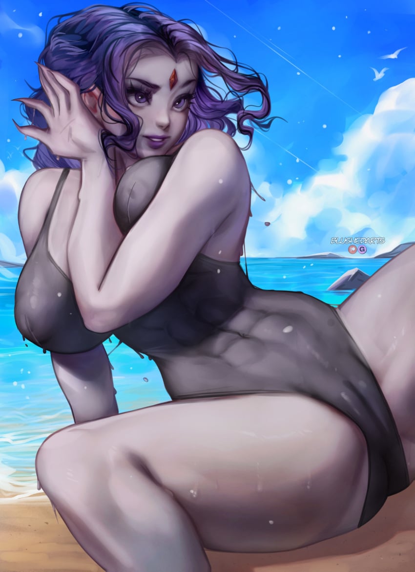 1girls abs bare_arms bare_legs bare_shoulders bare_thighs beach big_breasts blush blushedarts clothed clothing color dc dc_comics female female_focus female_only fit_female hi_res large_breasts looking_at_viewer muscles muscular muscular_female one-piece_swimsuit purple_eyes purple_hair pussy_visible_through_clothes raven_(dc) sand sea short_hair solo solo_female swimwear tagme teen_titans thick_thighs water