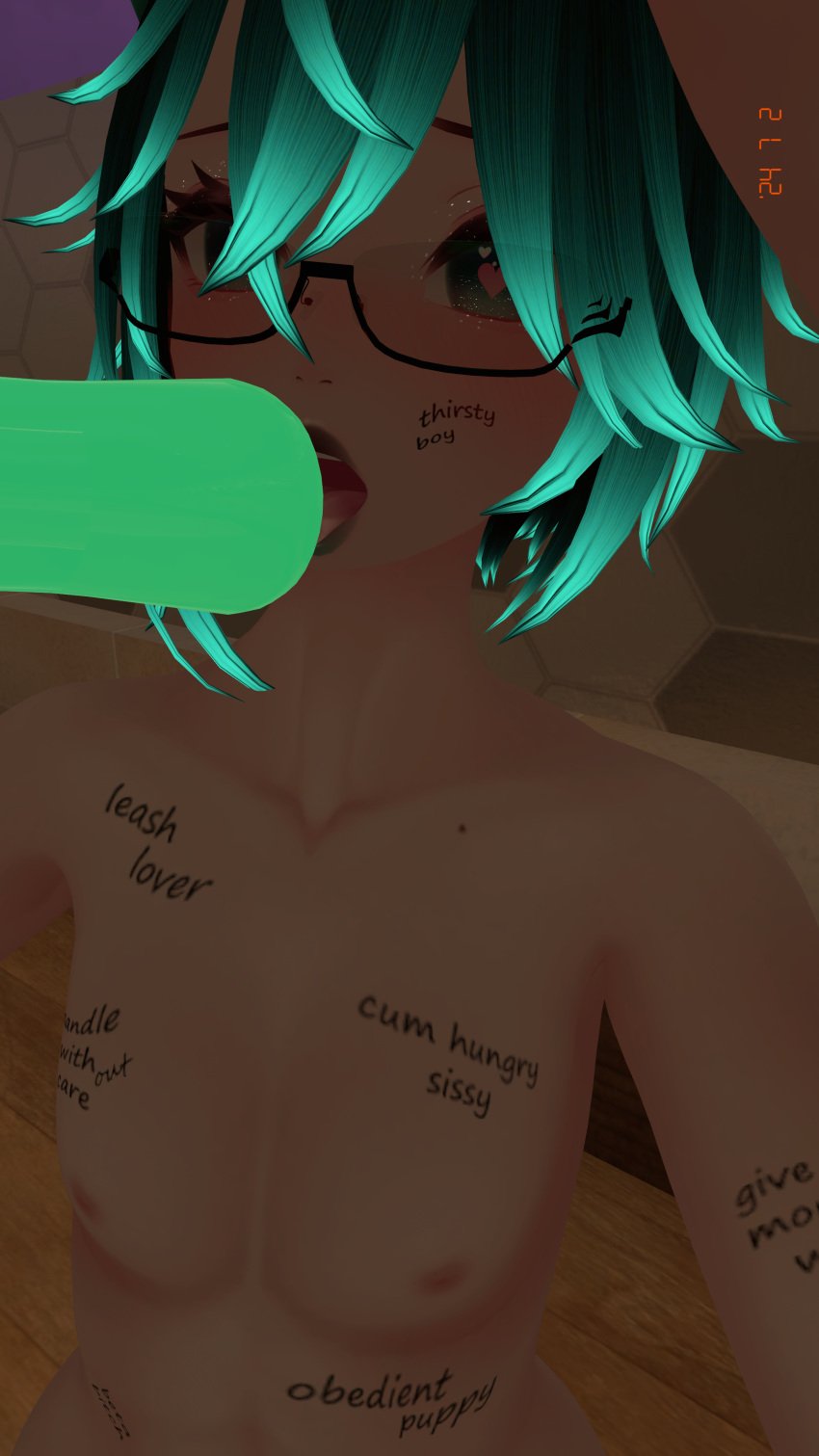 1boy after_masturbation black_hair black_lipstick body_writing cum_cleanup cum_in_own_mouth femboy fluffyafterdark glasses green_eyes green_highlights licking_sex_toy onahole self_upload solo_male two_tone_lips vrchat vrchat_avatar wolf_boy