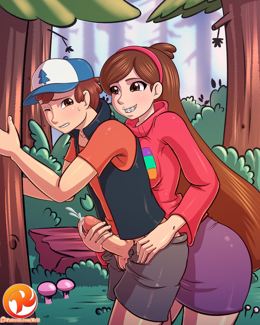 1boy balls blush braces brother_and_sister brown_eyes brown_hair clothes cum desktop_size dipper_pines disney disney_channel ejaculation erection female femdom forest gravity_falls hair handjob hat headgear human incest mabel_pines outdoors penis reit smooth_skin twincest twins