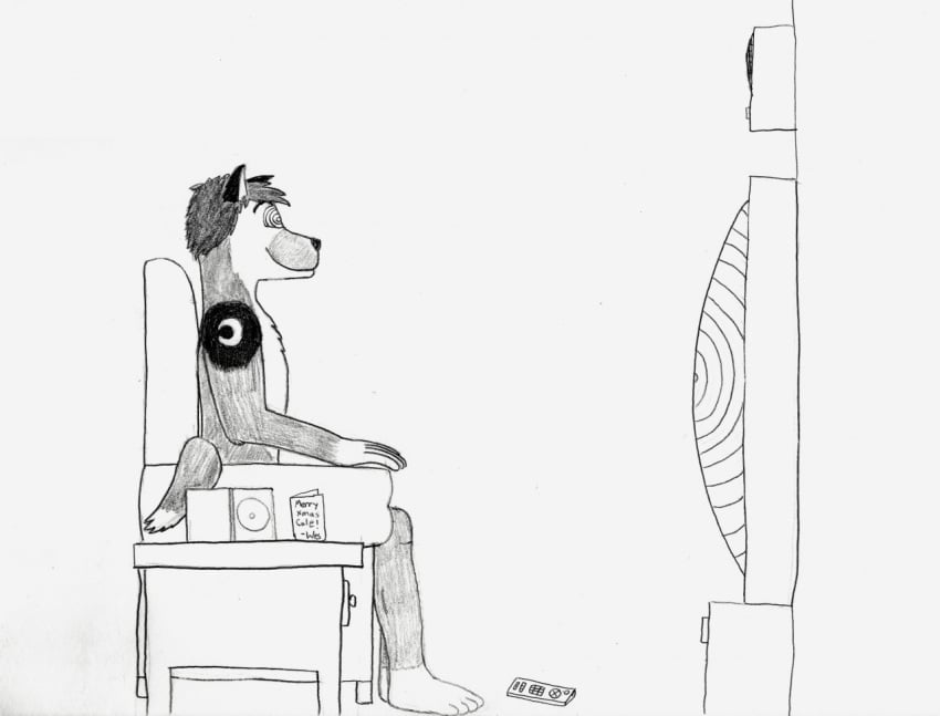 1boy 1hypno anthro chair furry happy_trance male male_only malesub mesmerized mind_control mobile_size monochrome no_link ring_eyes sitting smile solo tech_control