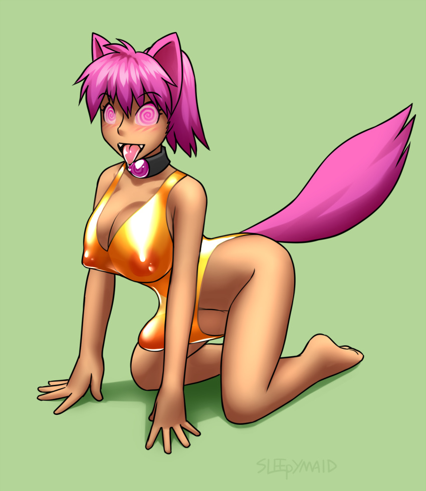 1girls ahegao all_fours animal_ears areola barefoot blush breasts bulge busty canine cleavage clothes collar drool erection fangs fox fox_ears fox_girl fox_tail futanari futasub happy_trance hypnotic_collar intersex intersex_only kneeling mammal mind_control nipples penis_under_swimsuit see-through sheer sleepymaid voluptuous