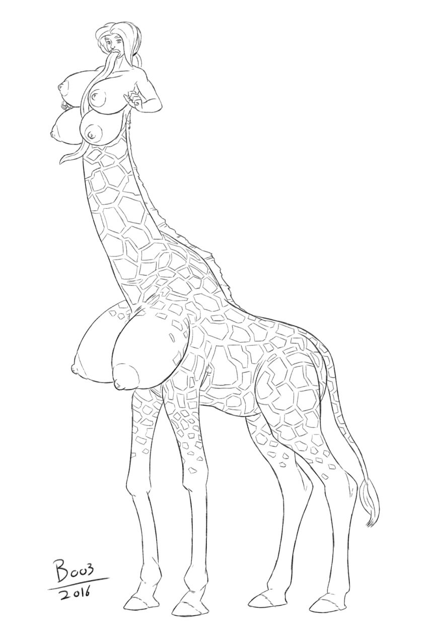 big_breasts boo3 breasts drawn evelyn female giraffe human hybrid hyper long_tongue mammal multi_breast nipples taur tongue