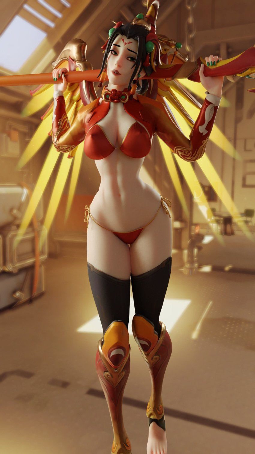 1girls 3d absurd_res absurdres alternate_costume arhoangel bikini black_hair black_legwear blender blizzard_entertainment breasts female female_only green_eyes high_res high_resolution highres lipstick lunar_new_year lunar_new_year_series mercy midriff oppai overwatch red_lipstick side-tie_bikini stockings temple_of_anubis_(map) thigh_highs thighhighs year_of_the_dog zhuque_mercy