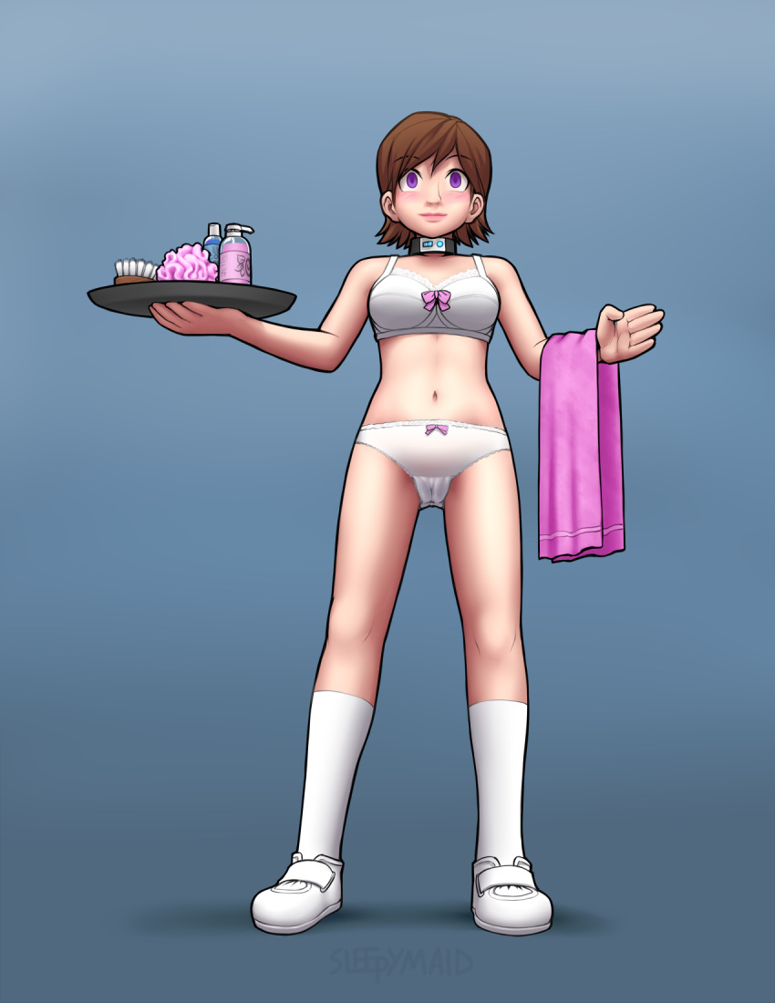 blush bra breasts brown_hair closed_mouth clothes collar desktop_size empty_eyes expressionless female female_only femsub hair human_furniture hypnotic_collar hypnotized mind_break mind_control panties purple_eyes short_hair sleepymaid socks solo