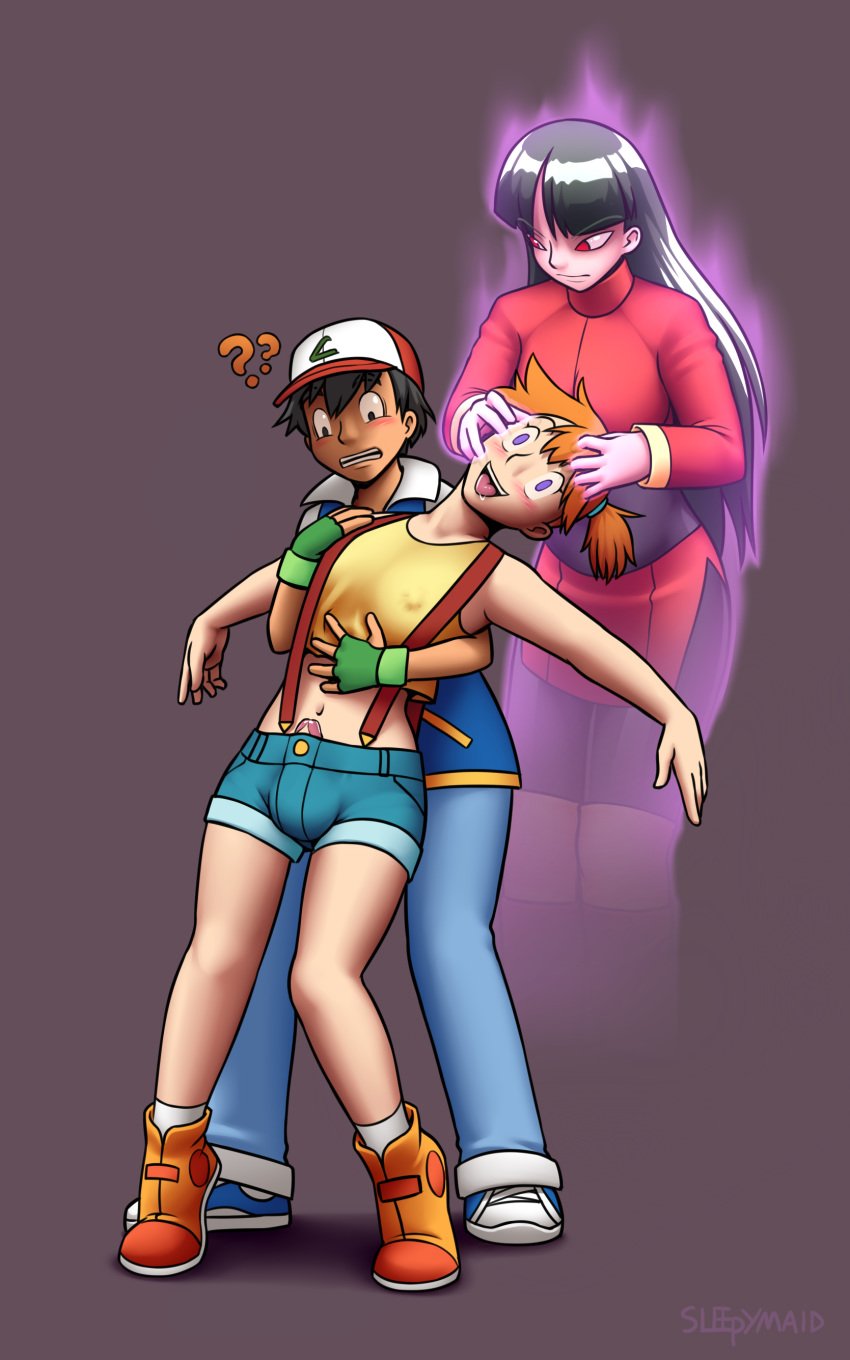 1boy 1futa 1girls ash_ketchum black_eyes black_hair blue_eyes blush brain_injection breasts bulge drool empty_eyes erect_nipples erection erection_under_clothes female female_on_futa femdom floating frown futa_with_male futanari futasub green_hair happy_trance hat headgear human_only kasumi_(pokemon) large_testicles long_hair magic male male_with_female nintendo nipple_bulge nipples no_bra panty_bulge peeking peeking_out penis penis_in_panties penis_out penis_under_clothes pokemon sabrina_(pokemon) satoshi_(pokemon) shorts sleepymaid small_breasts surprised suspenders teeth testicles testicles_in_panties