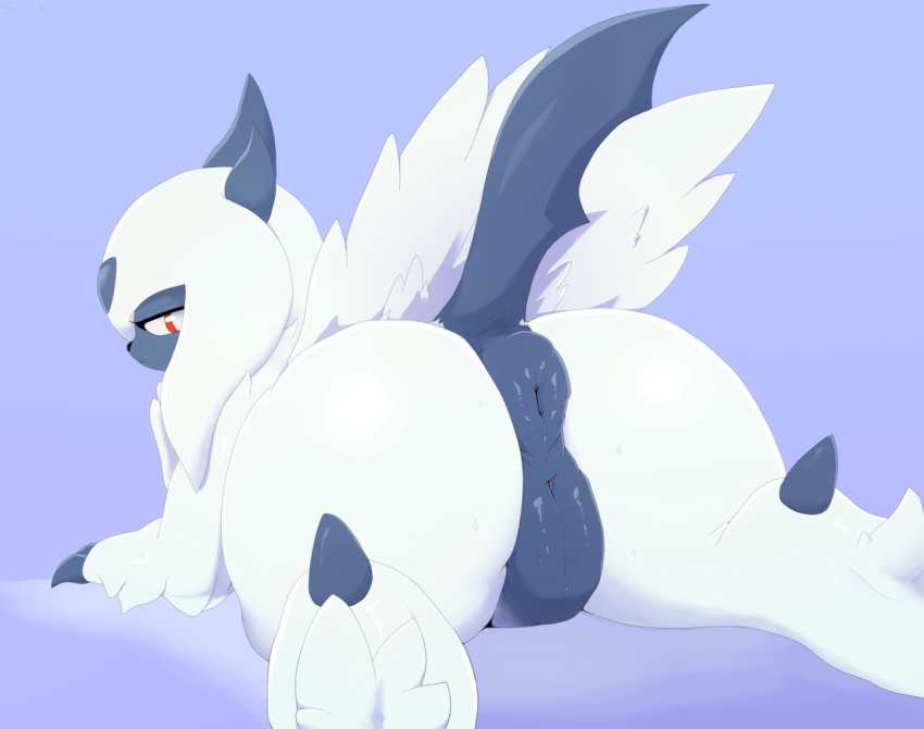 2016 absol anus ass canine claws donut_anus female feral fur furry furry_only looking_at_viewer looking_back mammal naked nintendo nude pokémon_(species) pokemon pokemon_(species) pussy rear_view red_eyes simple_background snuckums solo tail video_games white_fur