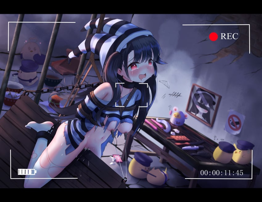 1girls 7animals :o absurdres arms_behind_back azur_lane black_hair blush bondage bottomless bound bound_arms breasts censored chain_around_neck chained_legs chains clothes_pull crotch_rub crying crying_with_eyes_open female full_body highres identity_censor legs legs_folded light-skinned_female light_skin long_hair manjuu_(azur_lane) medium_breasts midriff navel nipple_clamps nipples no_bra no_panties northern_parliament_(azur_lane) pamiat_merkuria_(azur_lane) pamiat_merkuria_(caged_minx)_(azur_lane) photo_(object) prison_cell prison_clothes pussy_juice recording red_eyes restrained sex_toy shirt shirt_pull side_ponytail single_bare_shoulder solo stomach straddling striped_clothes striped_headwear striped_shirt tears thighhighs thighs torn_clothes torn_thighhighs vaginal_penetration very_long_hair wooden_horse xiaoye124